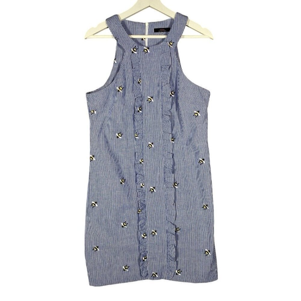 Trina Turk Mini Dress Size 8 Embroidered Bumble Bee Blue White Candy Striped